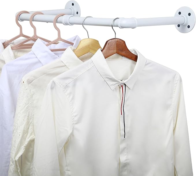 WEBI Clothing Rack Wall Mount White,24" Industrial Pipe Clothes Rack for Hanging Clothes,Heavy Duty Iron Garment Rack Bar,Retail Display Clothes Rod for Closet,Laundry Room