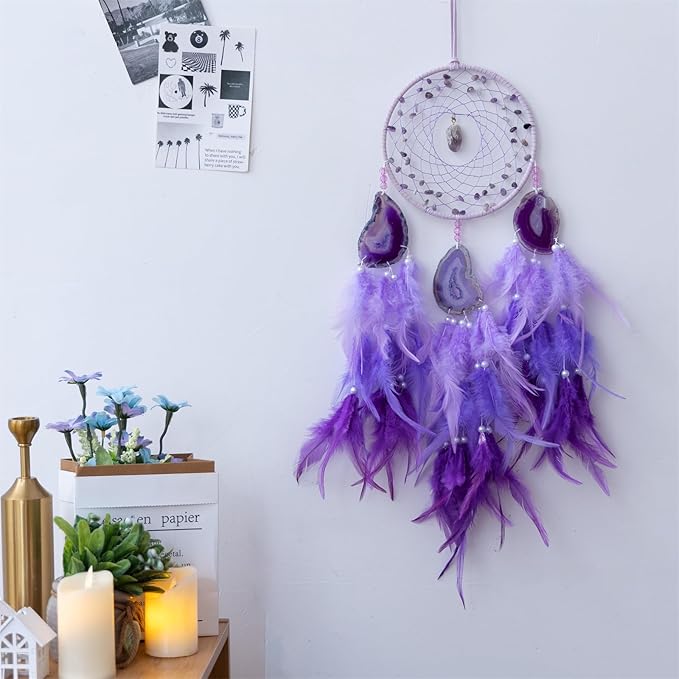 KHOYIME Agate Dream Catcher, Handmade Feather Dreamcatcher with Healing Crystal Stone Natural Gemstone Dream Catchers, Wall Art Hanging Decor Home Ornaments Craft Gift for Girls Adult Bedroom (Purple)