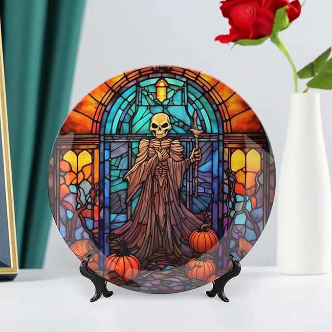 Halloween Spooky Stained Glass Design Decorative Plates Home Decor Ceramic Plates, Dinner Plates Display for Living Room, Kitchen, Hallway Console Side Table, Presents for Halloween, 10 Inch
