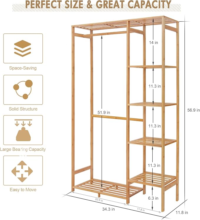 Bamboo Clothing Rack with 6 Tier Storage Shelf Multifunctional Garment Organizer Wardrobe Closet for Guest Room Kids Baby Bedroom Entryway