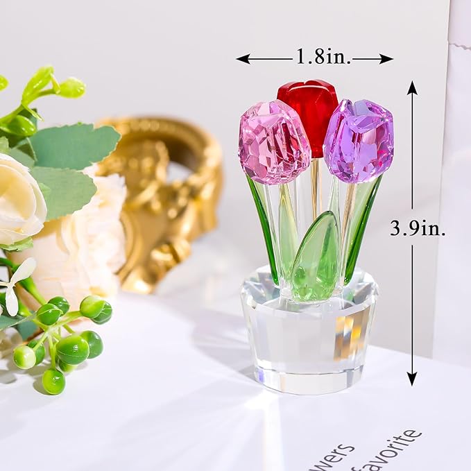 Movdyka Tulips Glass Flowers Figurines Crystal Decor Collectibles Colorful Flowers Bouquet Ornaments Tulip for Mom Women on Anniversary Wedding Christmas Valentines