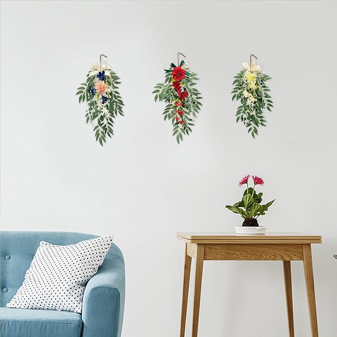Artificial Hydrangea Teardrop Swag Hanging Floral Spring Swag Wreath with Willow Leaves Fake Plant Ivy Branch for Front Door Wedding Arch Window Wall Decor(Red)