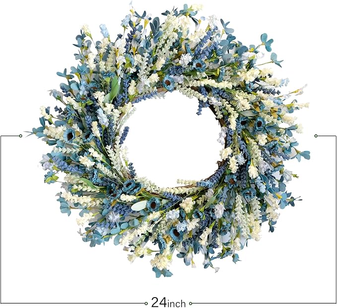 26 Inch Summer Spring Blue Ivory Lavender Flower Wreath for Front Door, Rustic and Farmhouse Wild Flowers Wreath for Inside and Outside, Coastal Blue Home Decorating