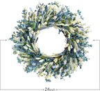 26 Inch Summer Spring Blue Ivory Lavender Flower Wreath for Front Door, Rustic and Farmhouse Wild Flowers Wreath for Inside and Outside, Coastal Blue Home Decorating