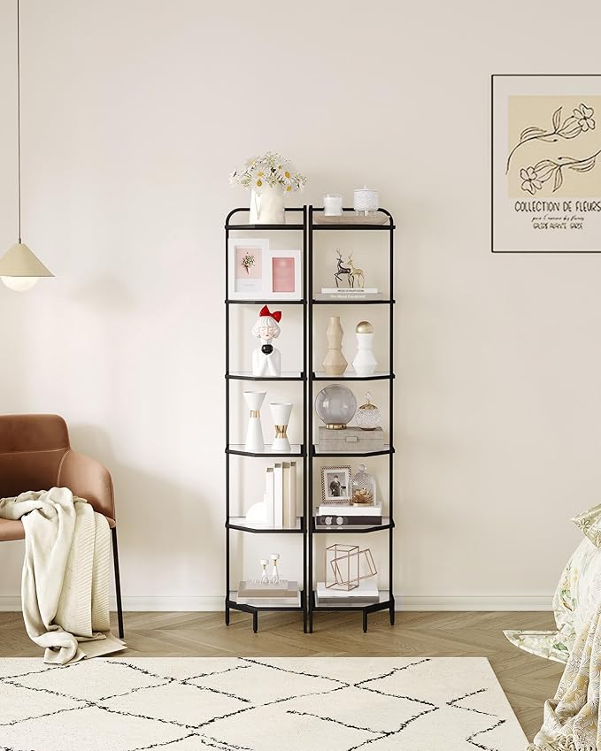 Hzuaneri Corner Shelf Stand, 6-Tier Glass Bookshelf Bookcase, Bathroom Organizer, Plant Stand, Steel Frame, Tempered Glass, Modern Style for Living Room, Bathroom, Kitchen, Black CS90600B