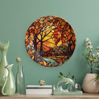 Decorative Plates, Stained Glass Design Fall Tree Landscape Ceramic Dinner Plate Home Wobble-Plate with Display Stand, Autumn Wall Hanging Decor for Living Dining Room Kitchen Household 6 Inch