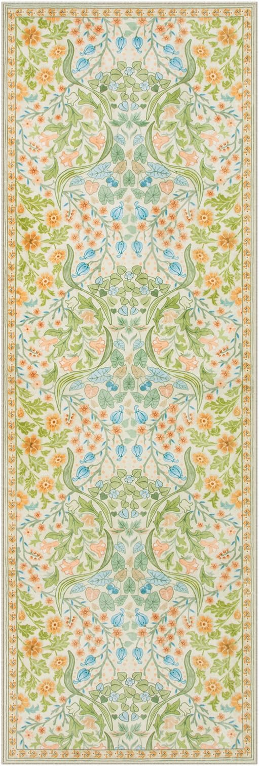 Moynesa Floral Hallway Runner Rug, Washable 2x6 Kitchen Rug Runner, Non Skid Boho Soft Bathroom Carpet Runner 6ft, Ultra Thin Botanical Throw Mat for Laundry Bedroom, Spring