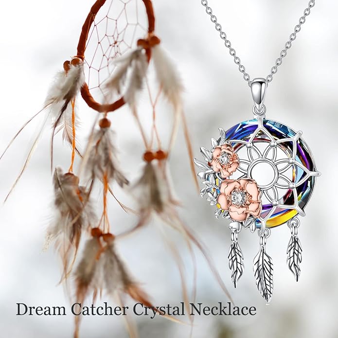 Dream Catcher Pendant Necklace 925 Sterling Silver Synthetic Moonstone Crystal Sunflower Rose Flower Evil Eye Dreamcatcher Cremation Jewelry Gifts for Women Wife Mom