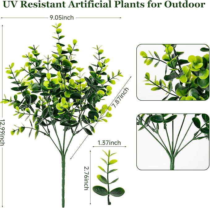 20 Bundles Artificial Plants for Outdoor Fake Plants for Spring Decoration,Faux Eucalyptus Plants for Planter UV Resistant Lifelike for Home Porch Garden（Green）