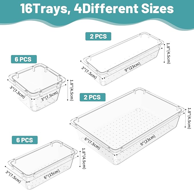 WOWBOX 16 PCS Clear Plastic Drawer Organizer Set, 4 Sizes Desk Drawer Organization and Storage Containers for Makeup, Cosmetics, Jewelry and Gadgets in Kitchen, Bathroom, Bedroom, Office, Clear