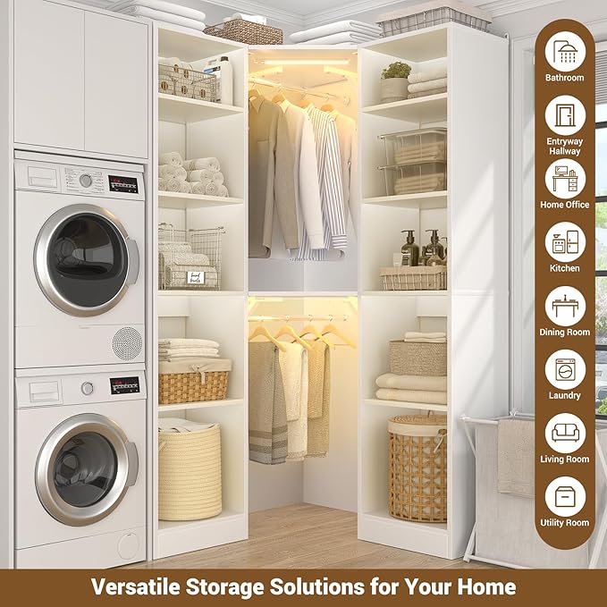 Corner Closet System with 2 Motion Sensor Lights, 39.2" Corner Closet Organizer with 12 Shelves, Closet Corner with 2 Hanging Rods, Versatile 6-Tier Walk-in Closets for Corner Space, White