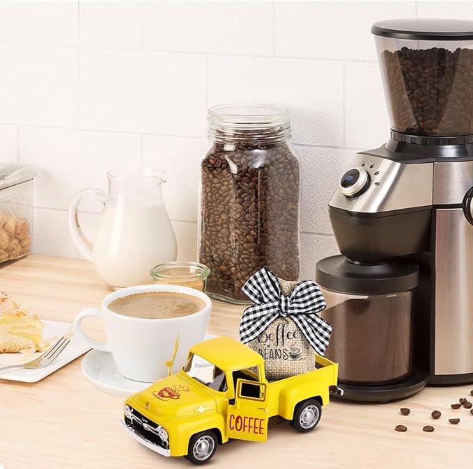 Hooqict Coffee Bar Decor Mini Metal Yellow Truck with Coffee Beans Burlap Sack for Summer Fall Home Farmhouse Kitchen Tiered Tray Decor Coffee Bar Accessories Coffee Station Decoration