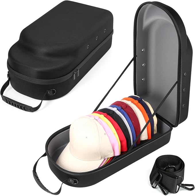 Hard baseball hat case, Hat Carrier Travel Case with Adjustable Shoulder Strap, Hat cap case for 12 Baseball Caps - Perfect for Traveling & At-Home Storage (Black with Grey)