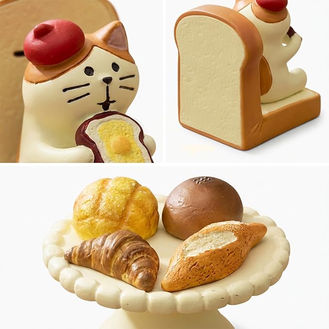 Cute Mini Bread Cat Figurine Set – Kawaii Resin Cat with Miniature Dessert Table Figure for Desk Shelf Home Decor, Adorable Cat Lover Gift (Bread Set)