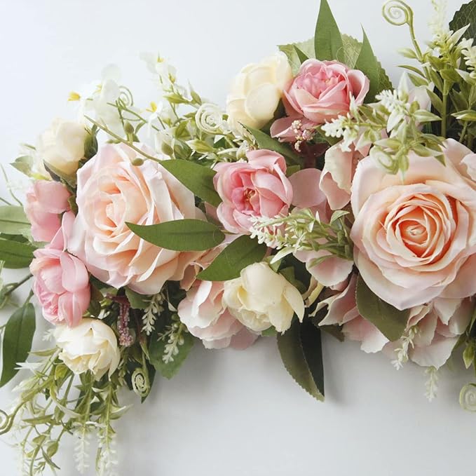 Wedding Arch Flowers, 25.6 Inch Artificial Rose Flower Swag, Decorative Rose Floral Swag for Lintel, Green Leaves Flower Garland for Home Garden Wedding Door Decor (Pink)