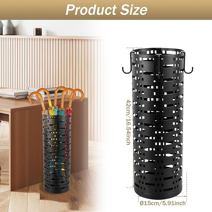 Umbrella Stand Rack, Free Standing Round Metal Umbrella Holder, Walking Sticks Umbrella Bins Waterproof Umbrella Storage Rack 16.5 x 6 inch Hollow Umbrella Storage Bucket for Indoor Home Office