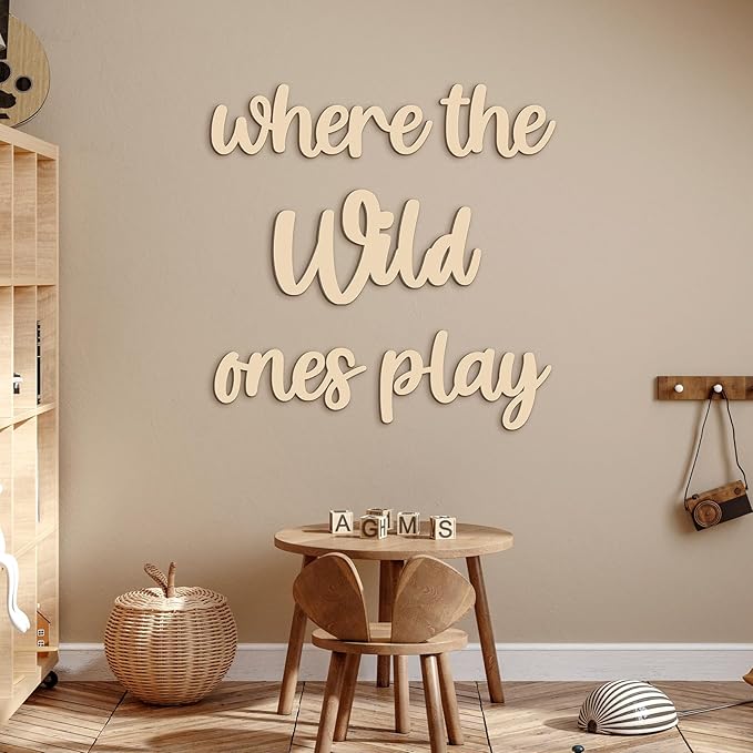 Kigley 5 Pcs Playroom Wall Decor 15.4" x 18" 3D Where The Wild Ones Play Nursery Sign Wooden Wall Art Decoration for Kids Toddler Room Decor Boys and Girls Kindergarten Bedroom Word Sign(Wood Color)