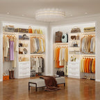 Closet System with 3 Wood Drawers, 5-8FT Closet Organizer System with Cuttable Shelves for Walk in Closet with 3 Expandable Hanging Rods, Heavy Duty Built-in Closet for Bedroom, White