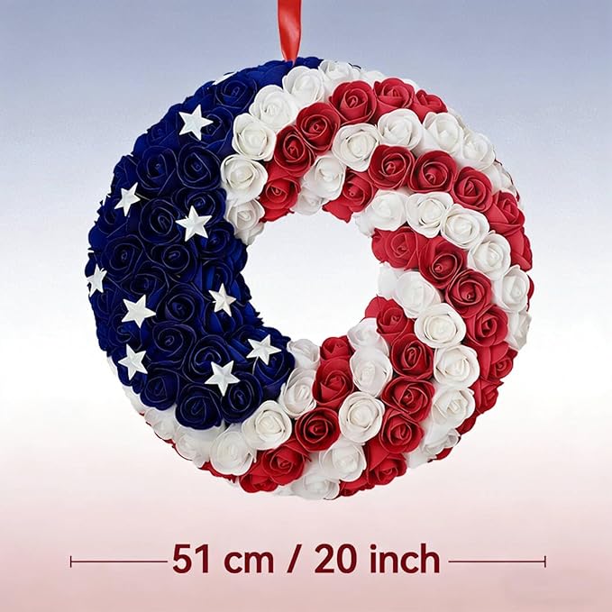 Idyllic 20 Inch Patriotic Wreath, PE Roses with Metal Stars, Suitable for Front Door, Wall, Home Decoration & Memorial Day, 4th of July Decorations