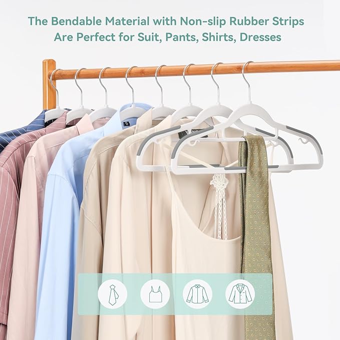 Coat Hangers 30 Pack, Plastic Clothes Hangers Non Slip with Rubber Grip, Heavy Duty Hanger with 360° Swivel Metal Hook, Ultra Thin Hangers Space Saving for Closet Organizer, White and Dark Gray