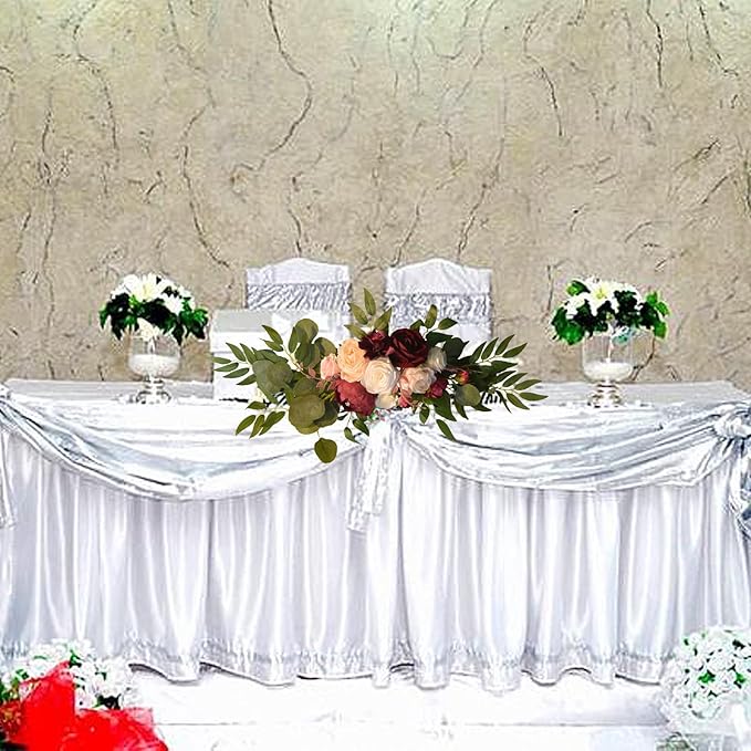 Firlar Artificial Wedding Arch Flowers Kit, 2 Pcs Decorative Floral Swag with Red Rose, Pink Peony and Eucalyptus Leaves Fake Peony Garland Wreath for Wedding Chair Party Ceremony Backdrop Decor