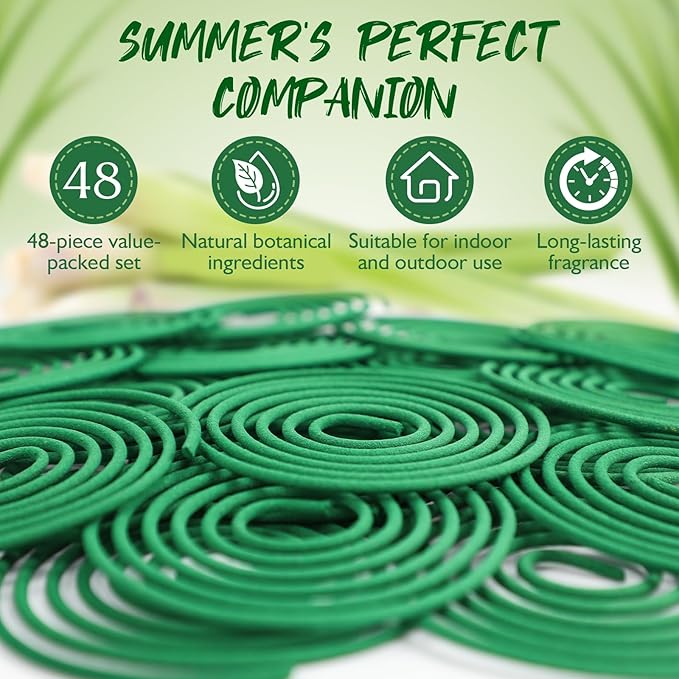 SCENTORINI Citronella Coils, 48 PCS Citronella Incense with Coil Holder, Suitable for Summer Home Outdoor Use, Pool Side, Patio, Camping, Porches, Courtyards, Farms, Garden Planting Area