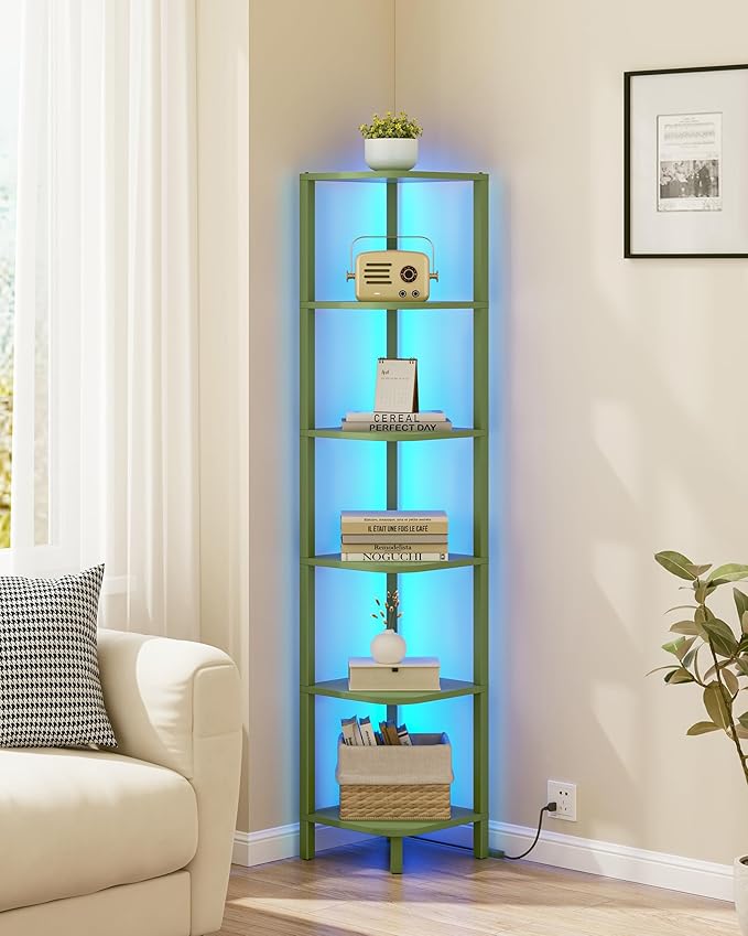 TUTOTAK Corner Shelf with LED Light, 6-Tier Corner Bookshelf for Small Space, Narrow Display Corner Shelf Stand with Storage Rack, for Living Room, Bedroom, Olive Green BS08BOG006L