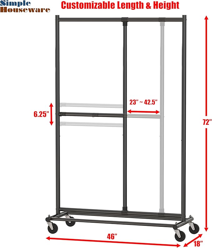 Simple Houseware Dual Bar Adjustable Garment Rack, Black, 72-inch Height
