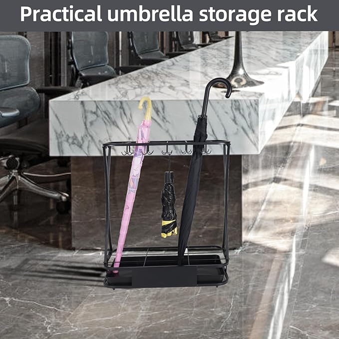 18 Slot Umbrella Stand with 10 Hooks – Heavy Duty Metal Indoor Umbrella Rack Holder with Removable Drip Tray – Large Commercial Entryway Organizer for Office, Lobby or Home