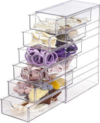 FABROK Clear Hair Accessory Organizer Box with 6 Drawers, Compact Storage Organization Drawers Set for Cosmetics, Glasses, Stationery, Stackable Storage Containers Box for Bathroom, Closet, Office