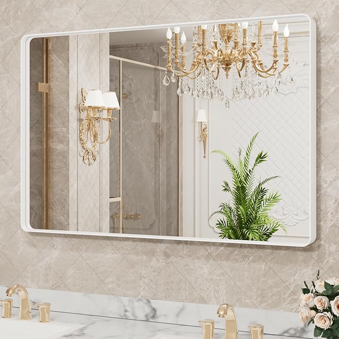 LOAAO 40x36 Inch White Metal Framed Bathroom Mirror for Wall, White Bathroom Vanity Mirror Farmhouse, Large Rounded Rectangle Mirror, Anti-Rust, Tempered Glass, Hangs Horizontally or Vertically