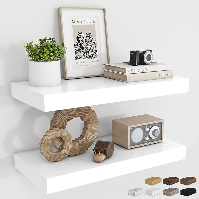 RICHFOCUS 20Inch Floating Shelves for Wall 2 Pack Shelves for Bedroom|Kitchen|Bathroom|Laundry Room Rustic Wood Wall Mounted Shelf with Invisible Brackets for Books|Storage|Decor, White