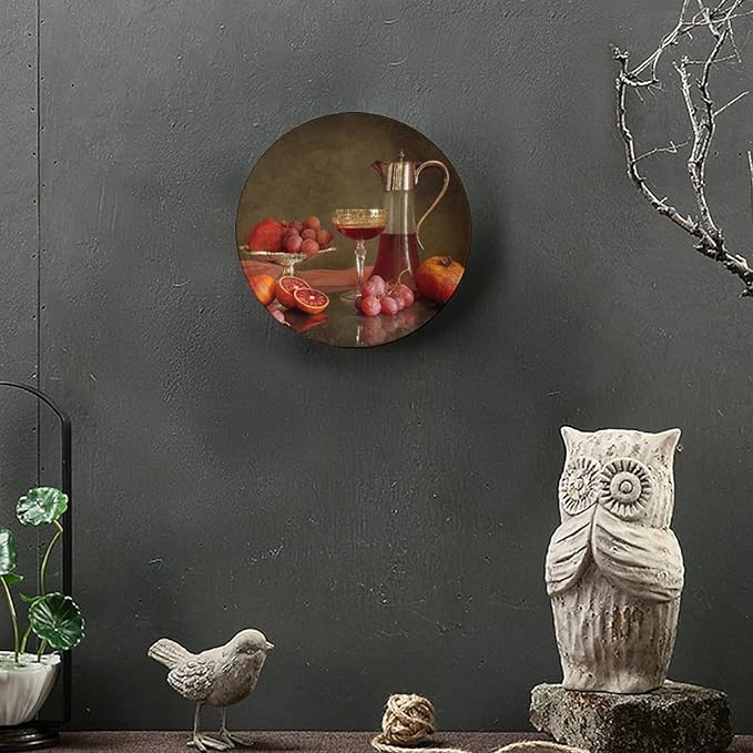 Decorative Plate Holder, 8 Inch, Blood Orange Grape Pomegranate Cider Round Display Plate, Hanging Decorative Plate with Display Stand, for Home Kitchen Bedroom Decorative Ornaments