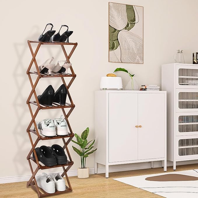 Bamboo Shoe Rack 6 Tier Foldable Shoe Rack Narrow Vertical Shoe Organizer Free Standing Shelf, Multifunctional Slim Storage for Entryway, Corner, Bedroom, Hallway, Walnut Color