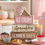 Lineshading 4 Pcs Summer Table Decoration Ice Cream Wooden Sign Pink Brown Rustic Summer Tiered Tray Decor Ice Cream Sprinkles Centerpieces for Home, Dining Room & Coffee Bar Kitchen