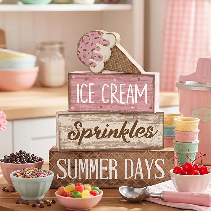 Lineshading 4 Pcs Summer Table Decoration Ice Cream Wooden Sign Pink Brown Rustic Summer Tiered Tray Decor Ice Cream Sprinkles Centerpieces for Home, Dining Room & Coffee Bar Kitchen