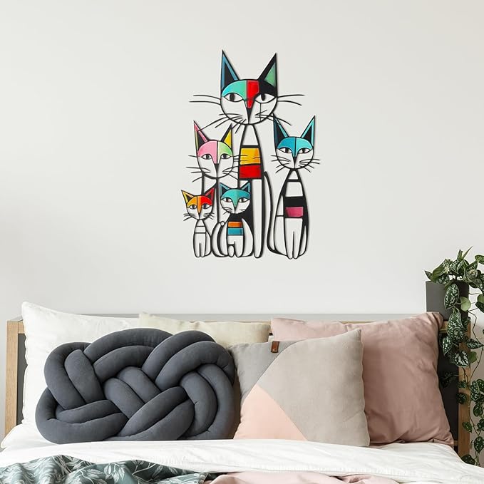 Wesiti Cat Wall Art Decor Metal Cat Wall Sculptures Room Decor for Cats Lover 10.6 x 15.7 Inches Colorful Mid Century Retro Wall Art for Home Living Room Bedroom Kitchen Office