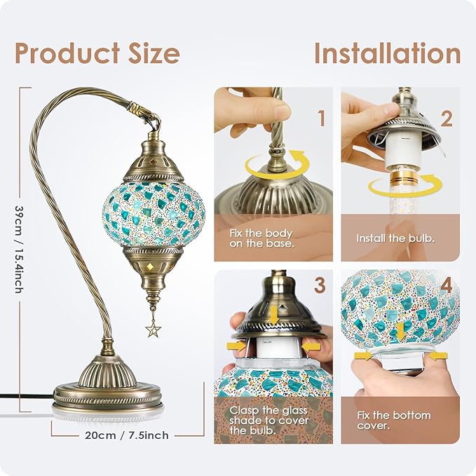 Yarra-Decor Turkish Moroccan Lamp with Bronze Base 3-Way Color Changing Handmade Swan Neck Tiffany Mosaic Glass Bedside Lamps for Bedroom (LED Bulb Included) (Colorful4)