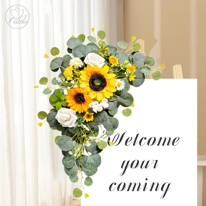 Odouzy Artificial Wedding Arch Flowers for Wedding Sign,Set of 2 for Welcome Ceremony Sign,Faux Floral Swags,Banquet and Reception Backdrop Floral Decoration (Green&Sunflower)