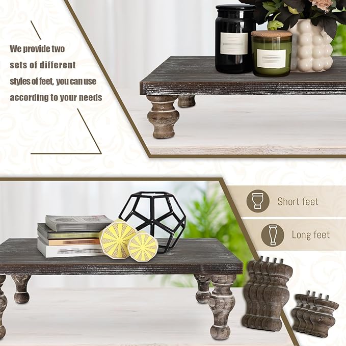 MAONAME Decorative Wooden Display Riser, Farmhouse Wood Pedestal Stand for Display, Rustic Vintage Brown Tray Riser for Kitchen, Home Table Decor, Short and Tall Footed