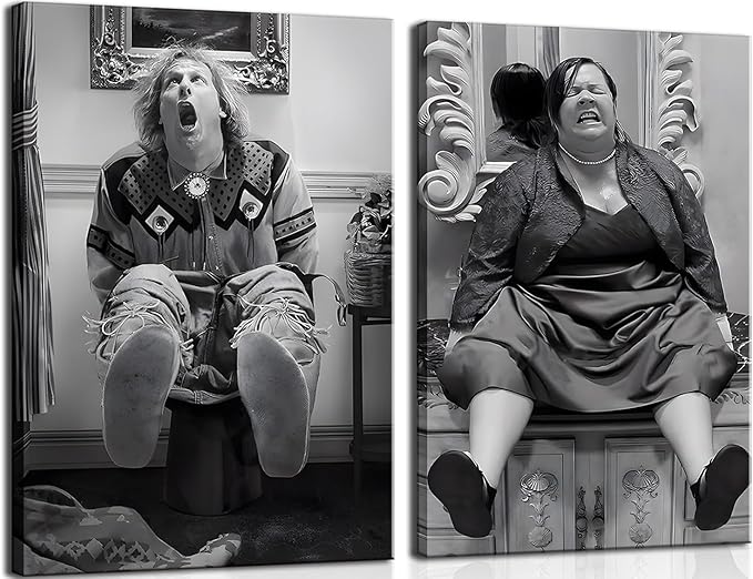 Funny Bathroom Canvas Wall Art Set of 2 - Black and White Vintage Humor Wall Decor, Dumb And Dumber Comedy Movies Posters for Toilet Bathroom Decor 12x16 inch Framed