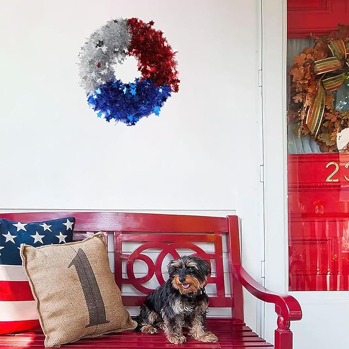 Patriotic Wreath for Front Door Red White Blue Wreath 4th of July Wreaths for Door Wall Memorial Day Decor Independence Day Hanging Decoration for Outside Home Farmhouse Holiday (Shiny B)