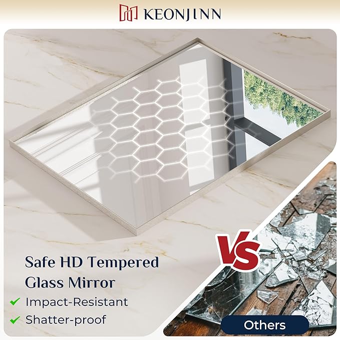 Keonjinn 55 x 36 in Brushed Nickel Bathroom Mirror for Over Sink, Rectangular Silver Metal Framed Rectangular Vanity Wall Mirror Square Corner Modern Farmhouse Rectangle Mirror(Horizontal/Vertical)