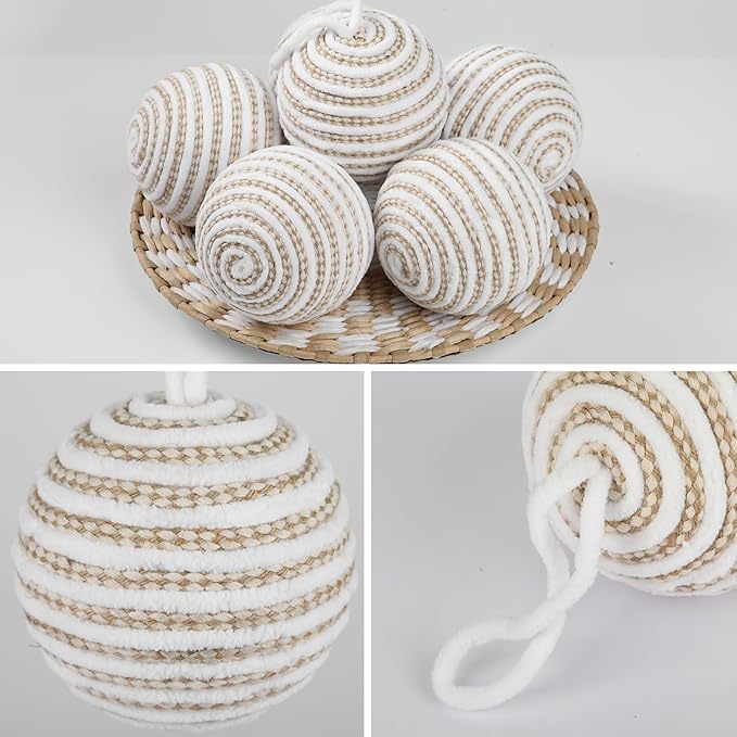 Briful 3.94'' Christmas Balls Ornament Set, 6PCS Large White and Tan Rope Decorative Yarn Balls Xmas Tree Hanging Ornaments with Strings for Xmas Home Decor