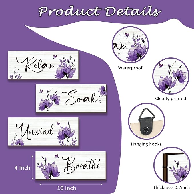 ONIZHITY Set of 4 Purple Bathroom Decor With Purple Flower Wall Decor Inspire Relax Soak Unwind Breathe Rustic Wooden Wall Art Ideal for Bedroom Office Living Room Kitchen Decoration(Purple 10x4Inch)