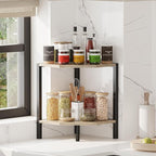 Corner Shelf Stand, 2 Tier Industrial Corner Bookshelf, Multipurpose Standing Corner Display Shelf Countertop Organizer for Living Room Kitchen Bedroom Office, Greige