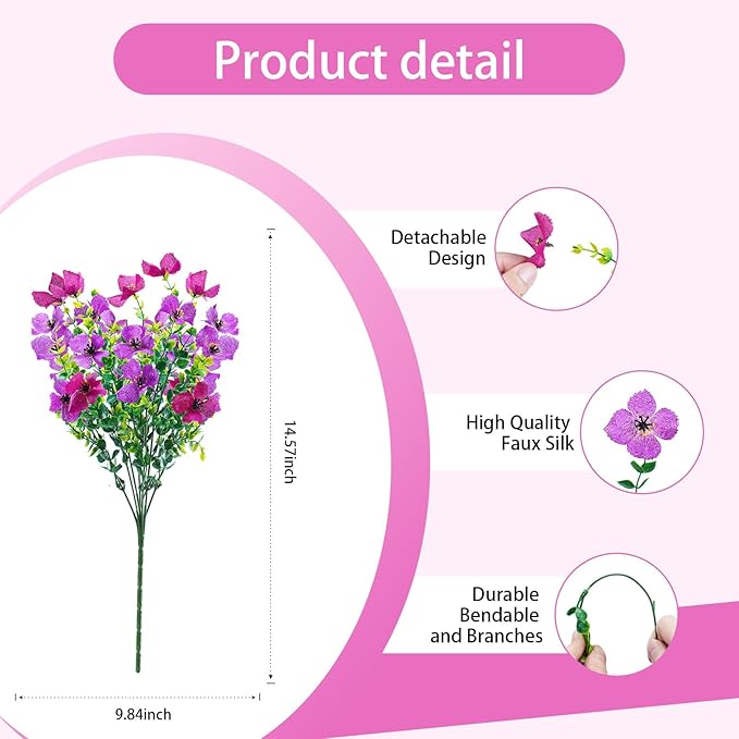 Artificial Faux Plants Flowers Outdoor Spring Summer Decoration, 12 Bundles Fake Silk Colorful Daisy Eucalyptus Realistic UV Resistant for Outside Home Planter Porch Yard Decor (Purple Red Lotus)