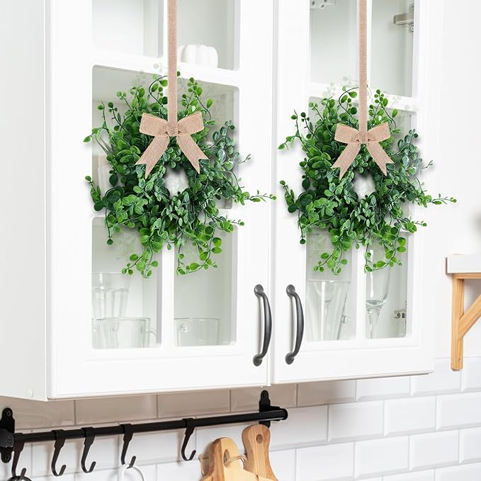 8 Pcs Mini Boxwood Wreath Green Table Centerpieces Spring Pillars Candle Rings Wreaths 9 Inch Wreath for Cabinets Farmhouse Wreaths with Ribbon for Front Door Porch Wall Window Decorations