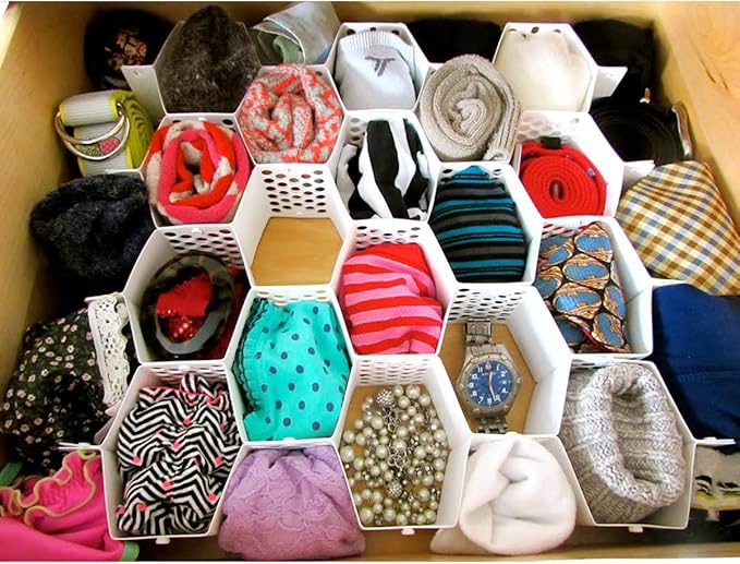 Evelots Honeycomb Drawer Organizer - Set of 4, 112 Slots, Easy Snap-Together Assembly, Adjustable & Durable Plastic Dividers, Perfect for Socks, Underwear, Ties, Accessories, and More - Customizable S