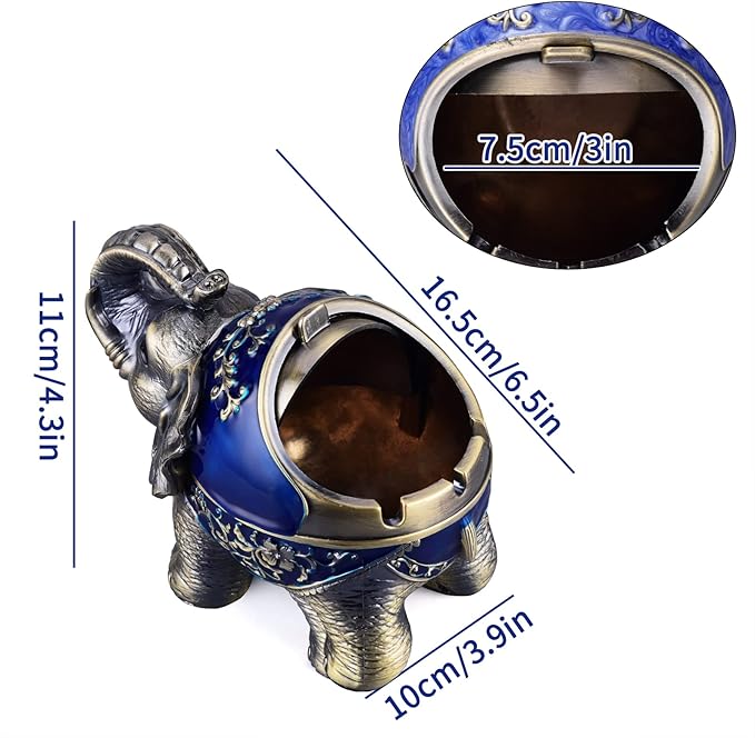 LAUYOO Metal Elephant Ashtray with Lid Windproof Ashtray Outdoor, Indoor Ash Tray for Weed, Vintage Practical Decoration Ashtrays for Cigarettes Great Gift for Men Women(NavyBlue)